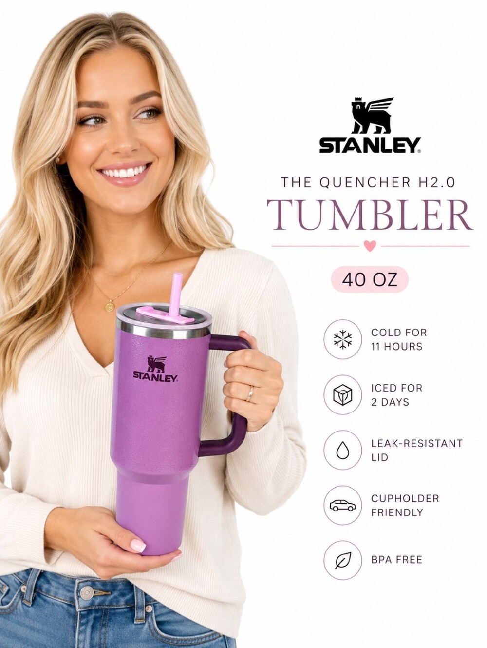 Stanley Quencher H2.0 40oz Hammertone Lilac Tumbler Handle Straw Cup